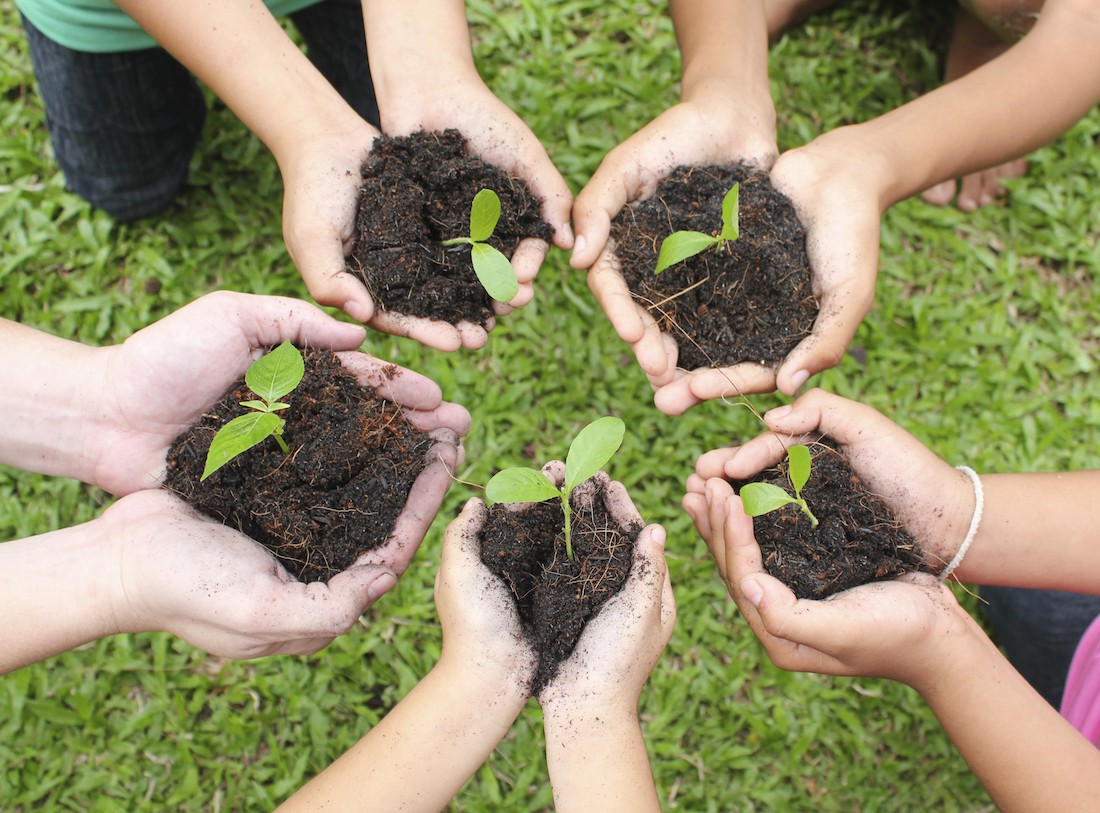 A group of people standing in a circle holding dirt in their hands