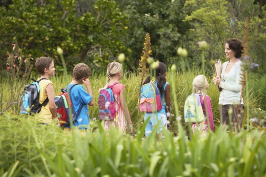 Female teacher out in a field with a group of young students