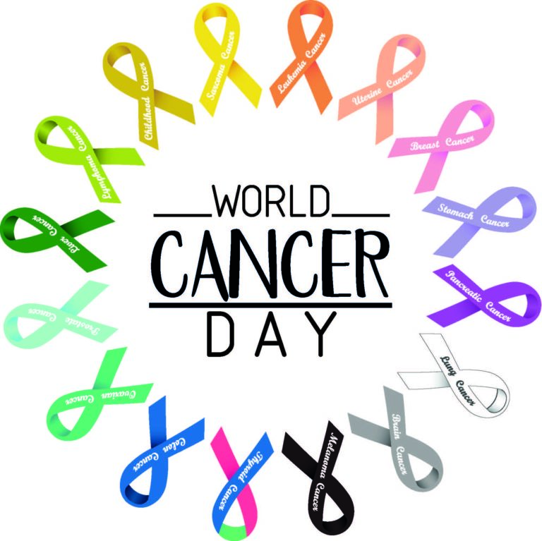 ‘World Cancer Day’ surrounded by a circle of cancer ribbons.