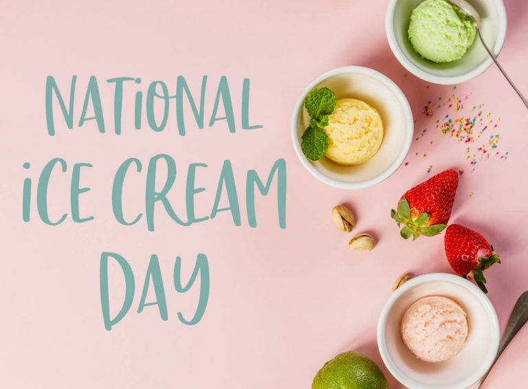 The text ‘National Ice Cream Day’ surrounded by ice cream and toppings.