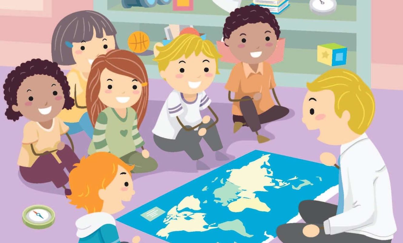 Cartoon of a male teacher and a group of students sitting around a map