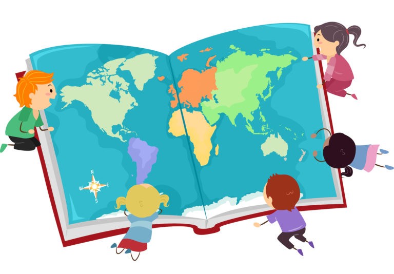 Illustration of children surrounding an oversized open book of a world map.