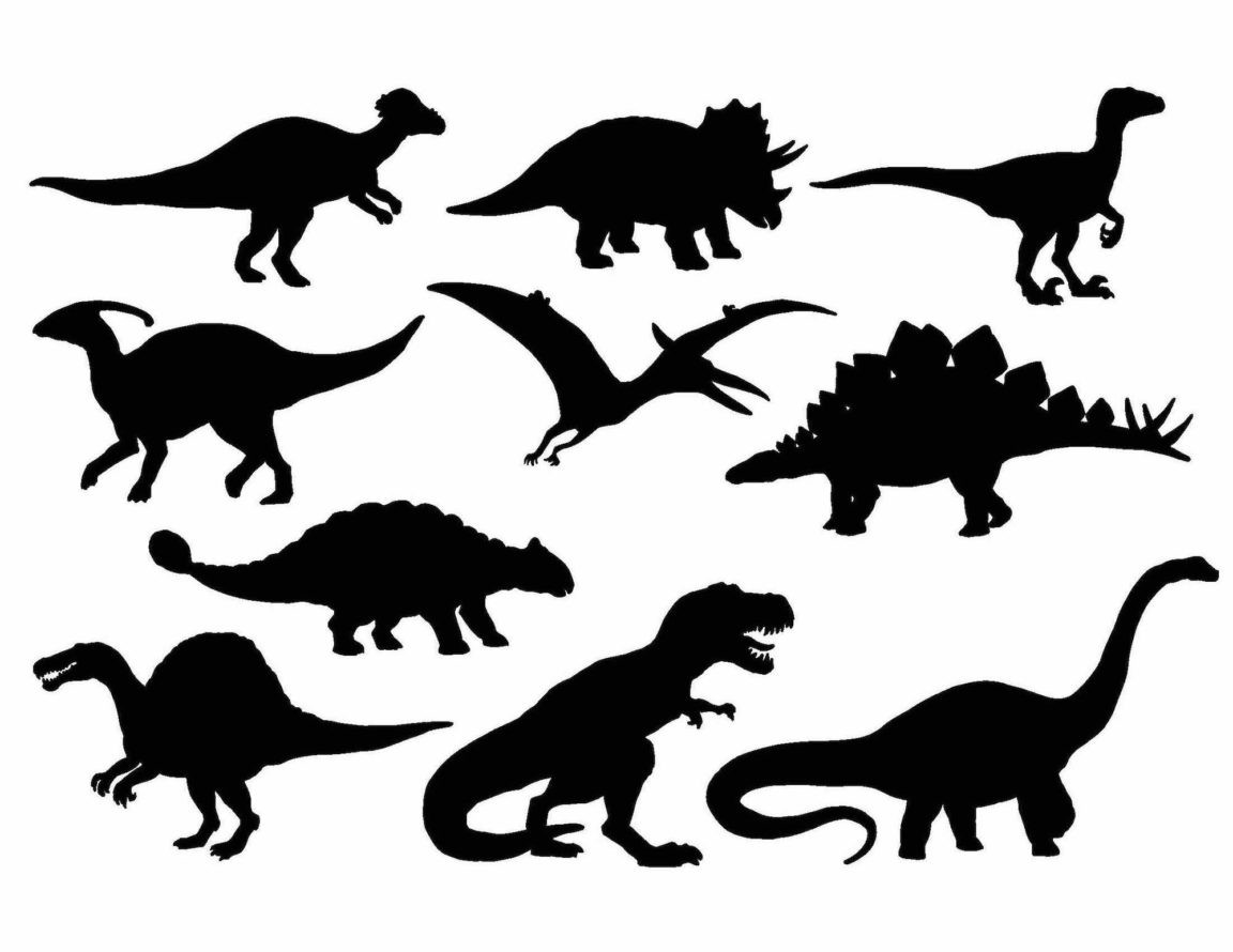 Black outlines of various dinosaurs