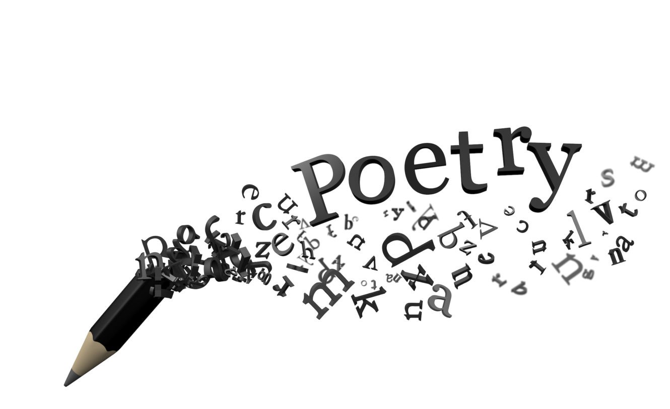 The word ‘Poetry’ and black pencil fading away into various letters